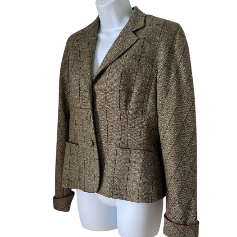 Kay Unger Women Green Red Plaid Timeless Classic Wool Silk Blend Blazer Jacket 6 - Picture 2 of 13
